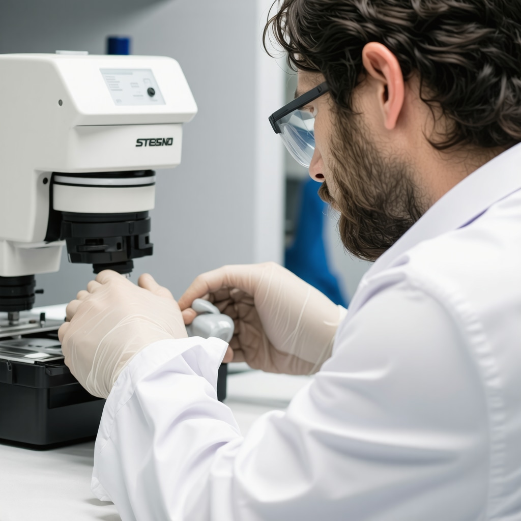 Textile expert performing spectroscopic fabric analysis in dry cleaning lab