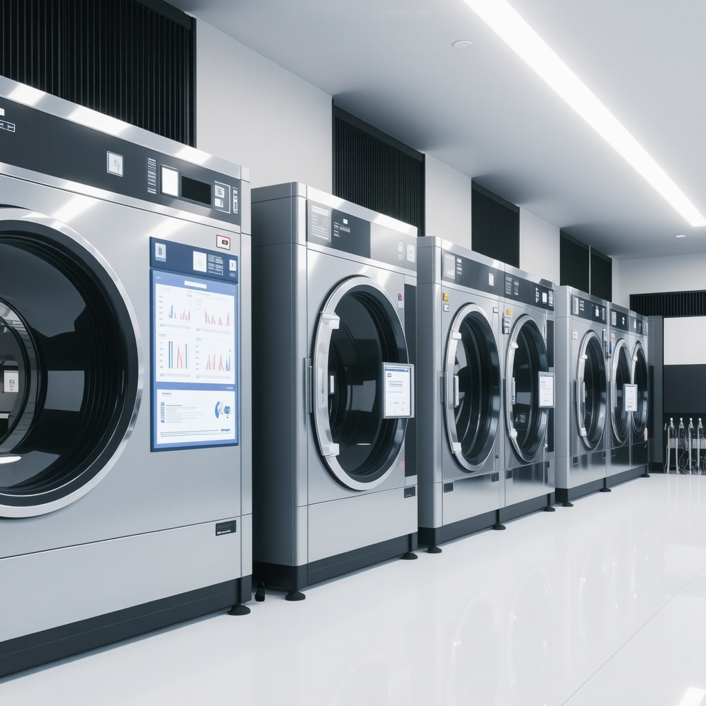 Organic dry cleaning facility equipped with IoT sensors and digital dashboards displaying real-time fabric and solvent data