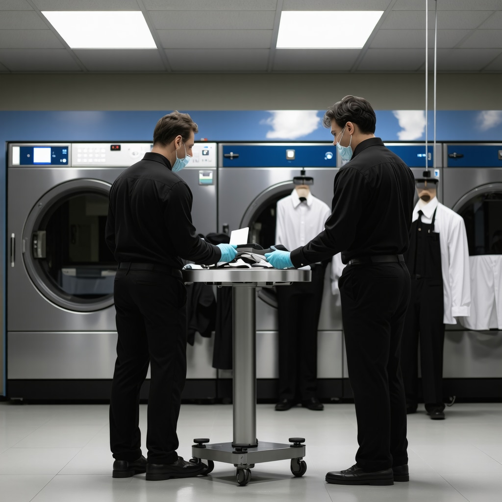 Technicians using advanced smart technology and eco-friendly solvents to clean and preserve embellished uniforms in a Tampa dry cleaning facility