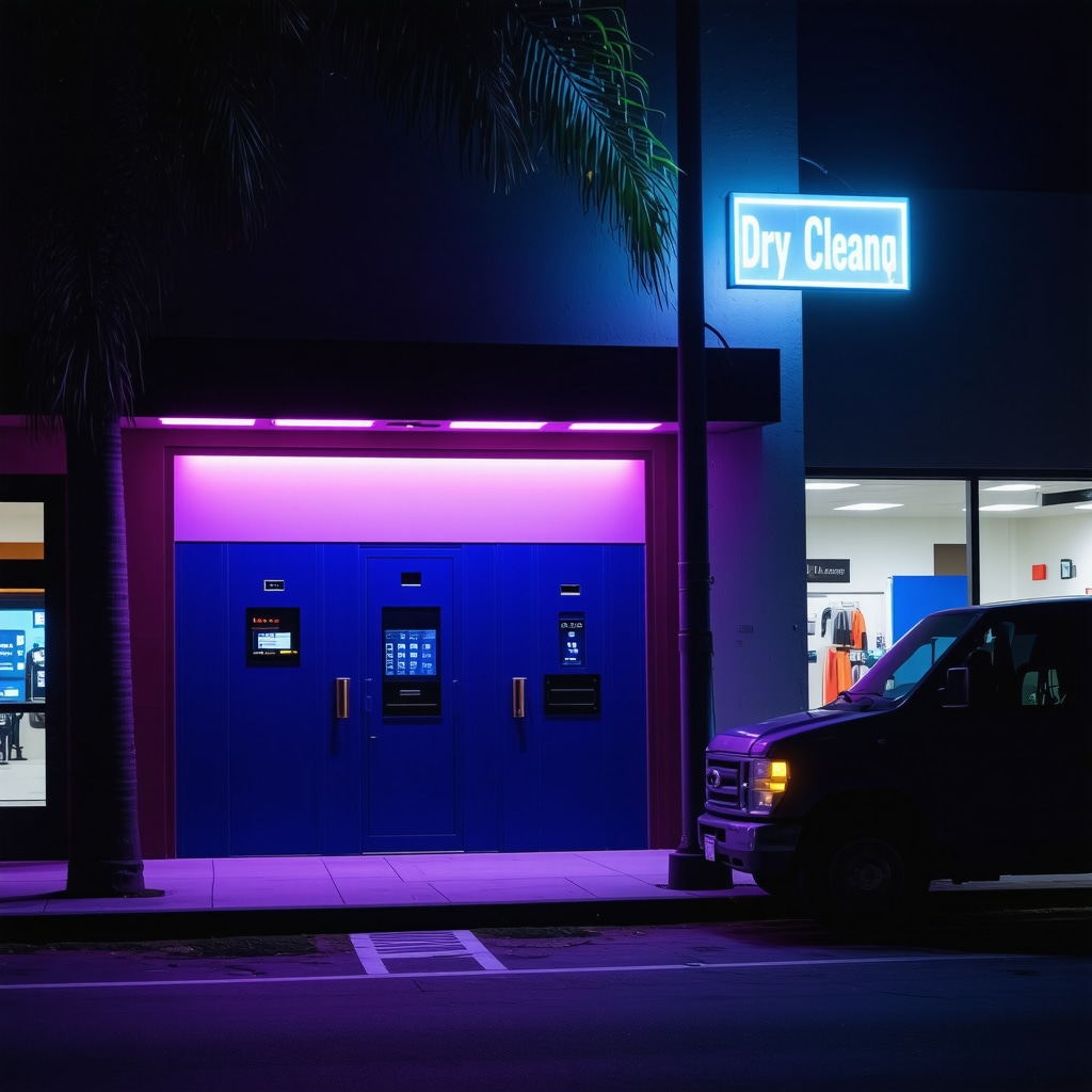 Modern dry cleaning storefront at night in South Tampa with smart lockers and delivery van under LED lights