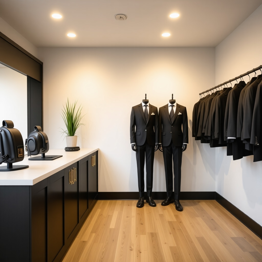 Interior of a South Tampa tailoring and dry cleaning studio featuring fabric analyzers, 3D body scanners, and eco-friendly equipment