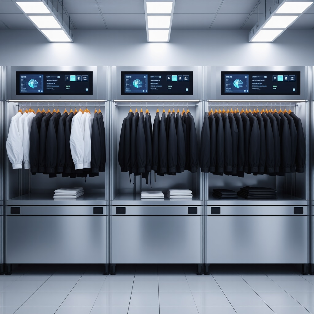 Modern dry cleaning facility in Tampa with RFID tagged garments and AI analytics screens