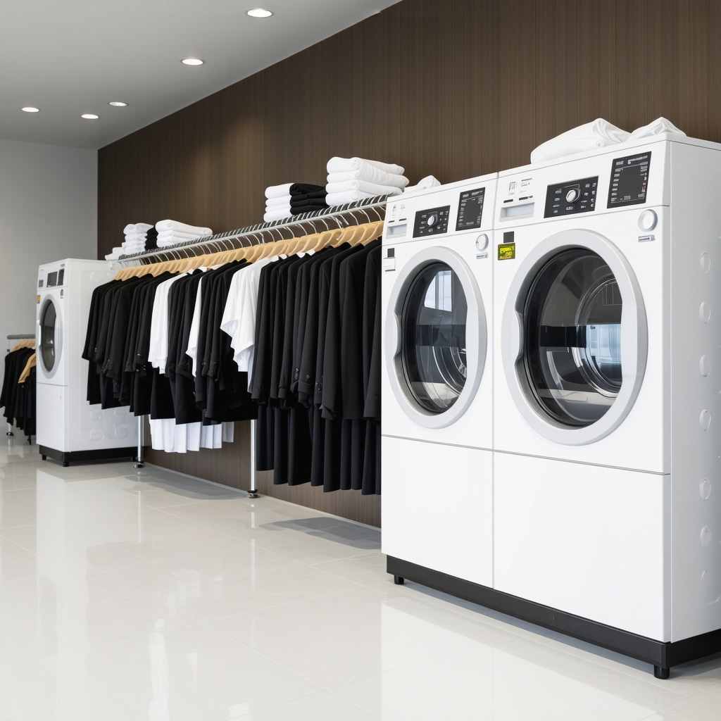 Interior of a Tampa dry cleaning shop featuring liquid CO2 cleaning machines, wet cleaning equipment, and tailoring stations emphasizing expert garment care and eco-friendly practices.