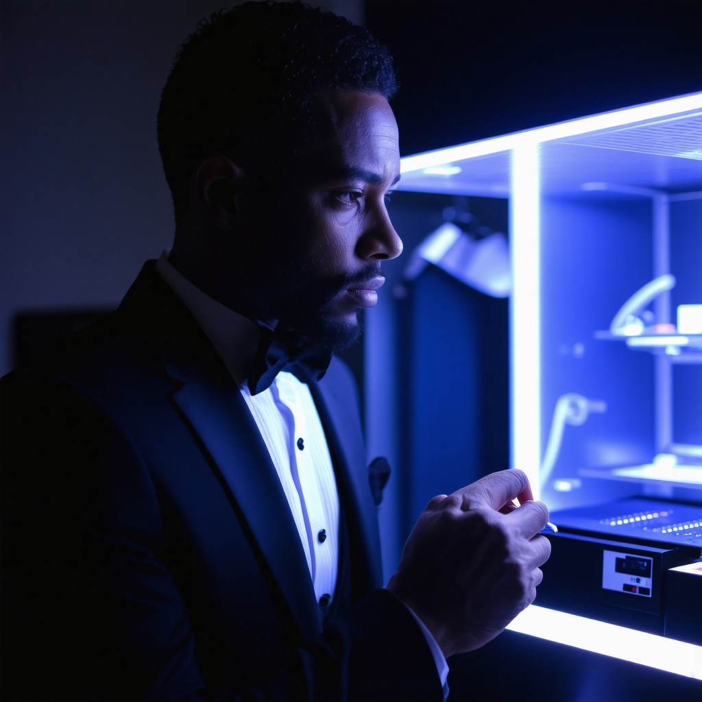 Technician analyzing tuxedo fabric with UV light and advanced eco-friendly dry cleaning equipment in Tampa