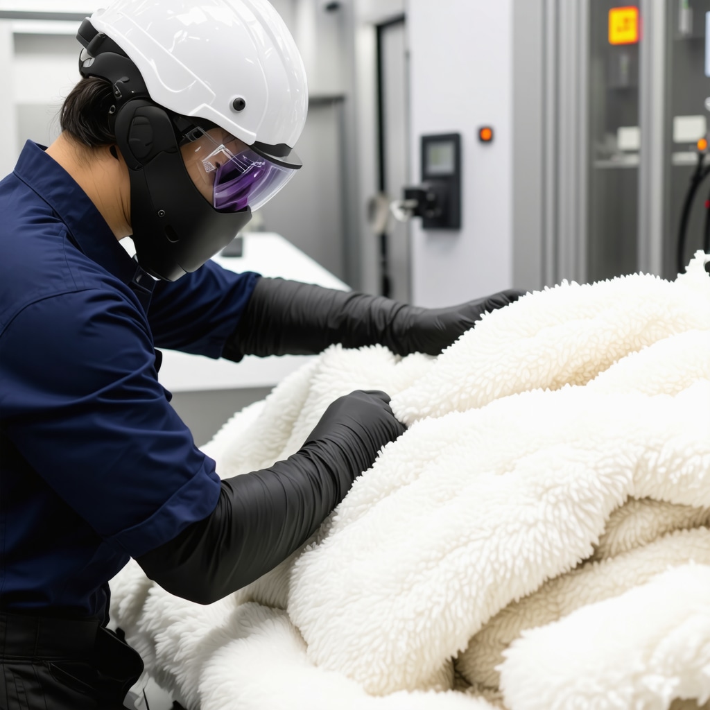 Technician using AI sensors and nanotech equipment to treat wool blanket in Tampa dry cleaner