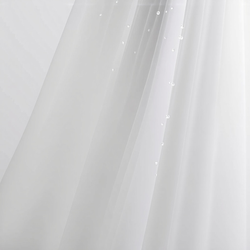 Close-up of wedding gown fabric with water droplets indicating nanotech treatment in a climate-controlled environment