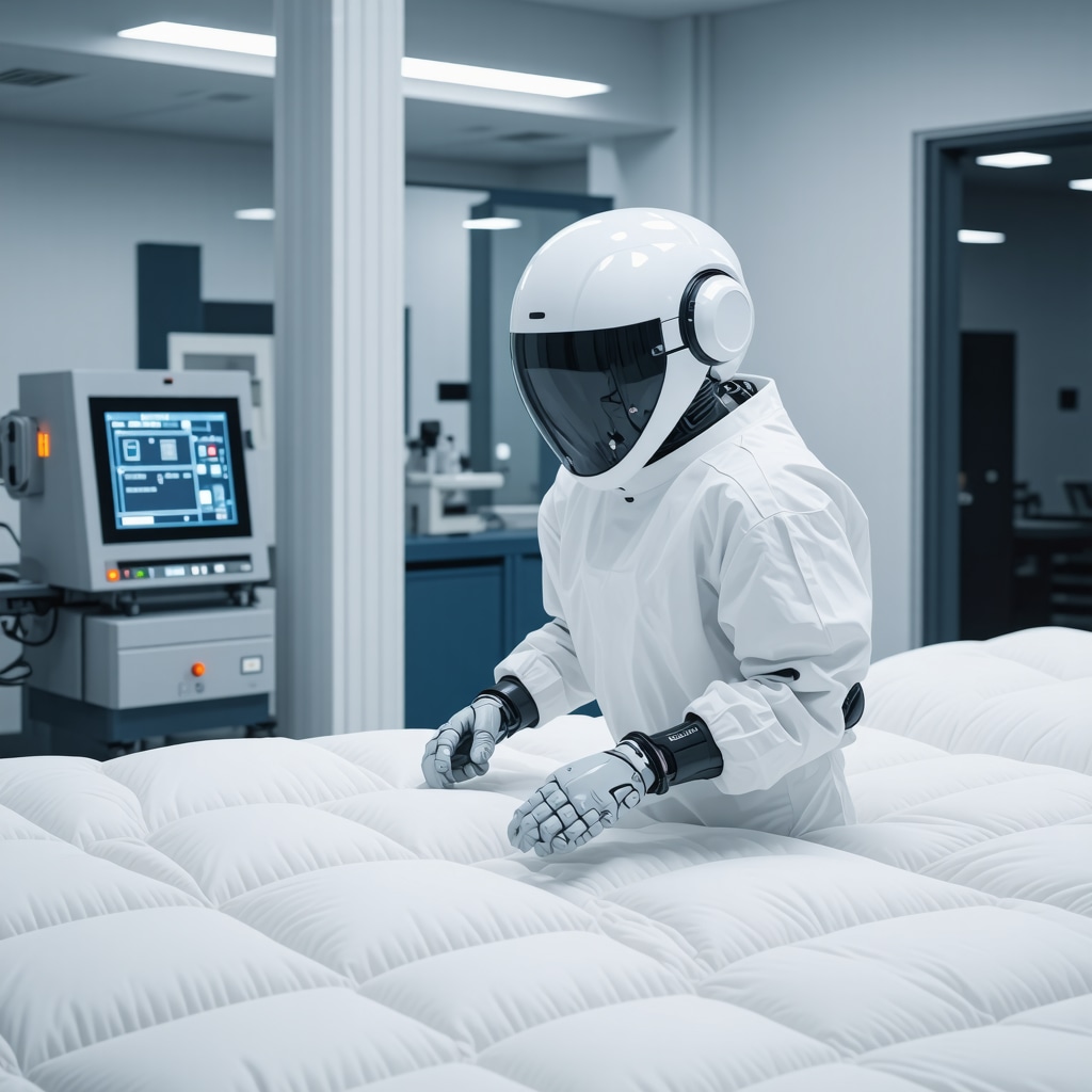 High-tech textile lab analyzing down comforter with AI and nanotechnology