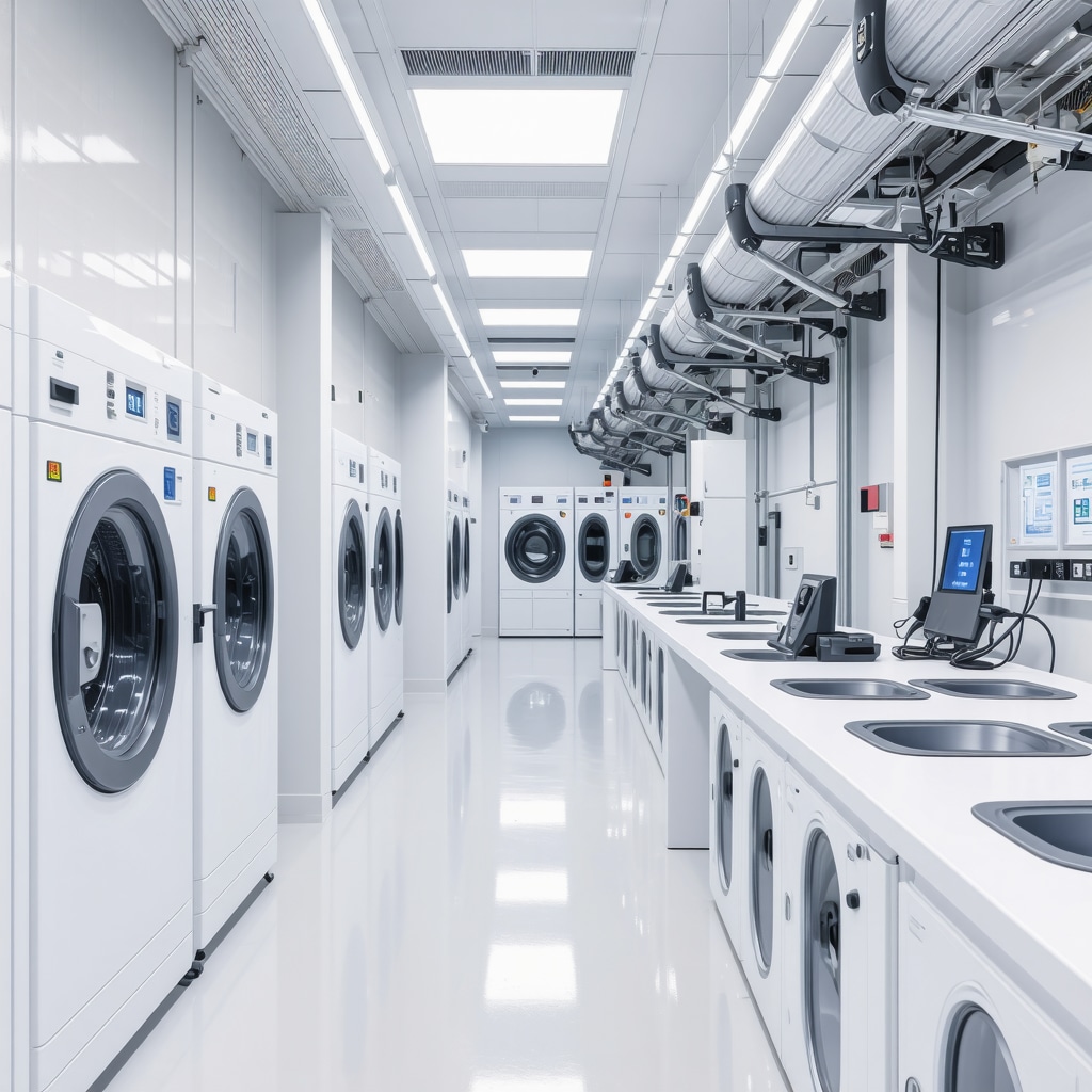 Advanced dry cleaning facility featuring AI fabric profiling, solvent recovery systems, and consumer education tools