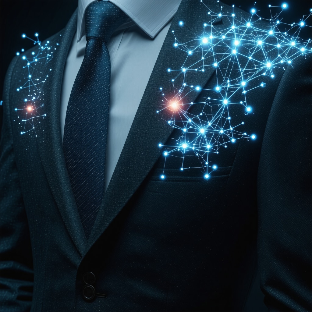 High-tech dry cleaning lab with AI fabric scanner and nanotech molecular visualization analyzing wool suit