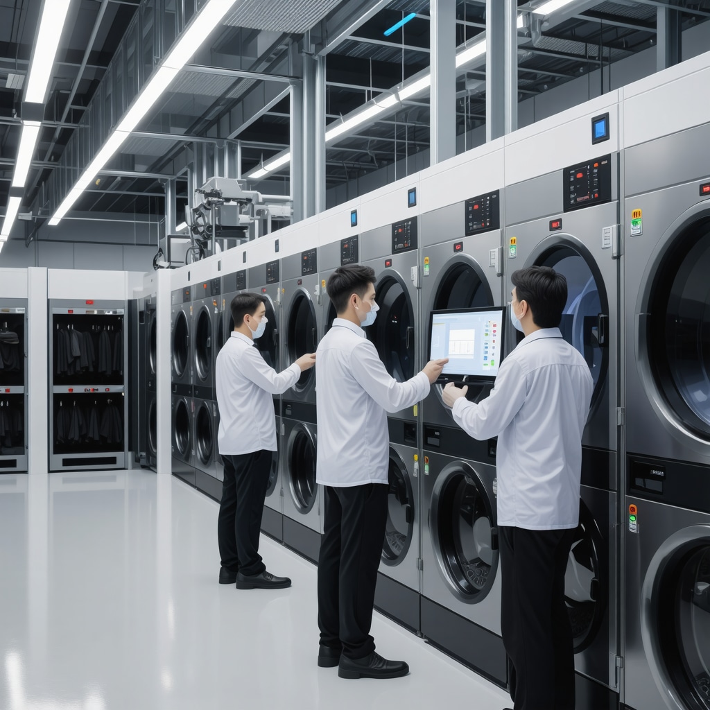 Modern dry cleaning equipment using AI to optimize eco-friendly solvent application in Lutz