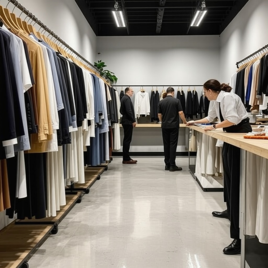 Interior of a modern dry cleaning and tailoring workshop showing AI fabric analyzers, eco-friendly cleaning stations, and tailors adjusting hybrid technical textiles with digital tools