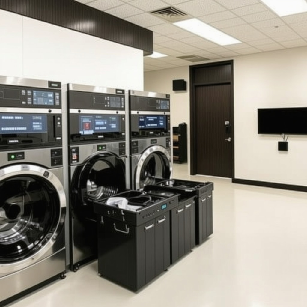 Interior of a Tampa dry cleaning plant with AI monitoring systems and bio-solvent storage showcasing green innovation
