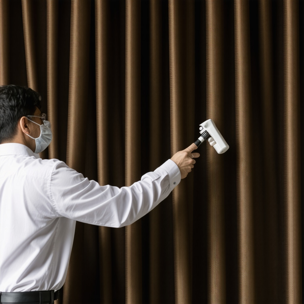 Technician performing expert dry cleaning on silk curtains with specialized equipment