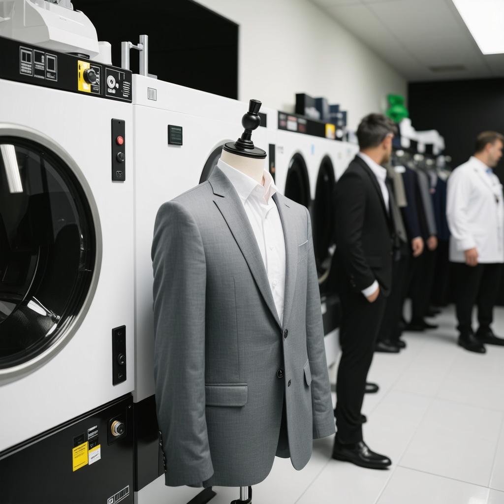 Technicians using advanced dry cleaning equipment with tailored garments in South Tampa facility