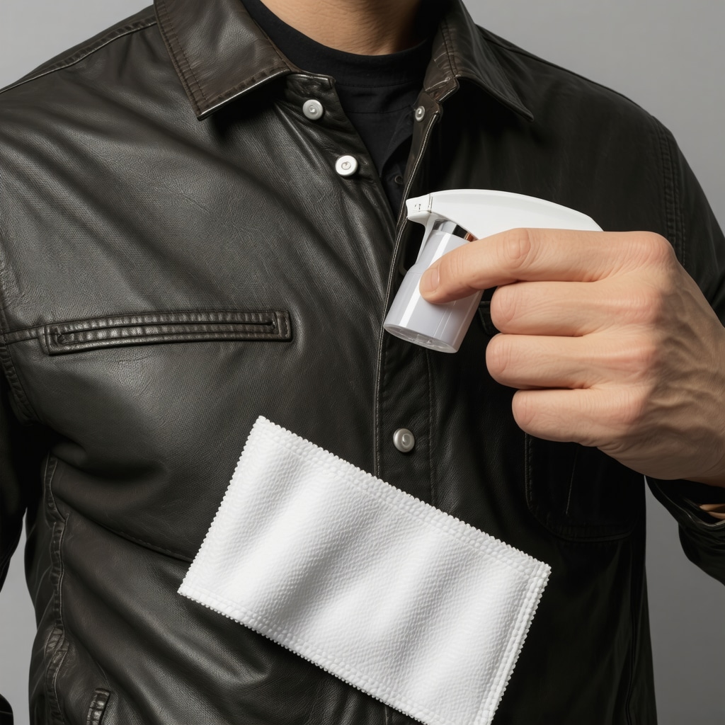 Professional applying nanotechnology-based protective spray on leather jacket, showing full-grain leather and suede textures