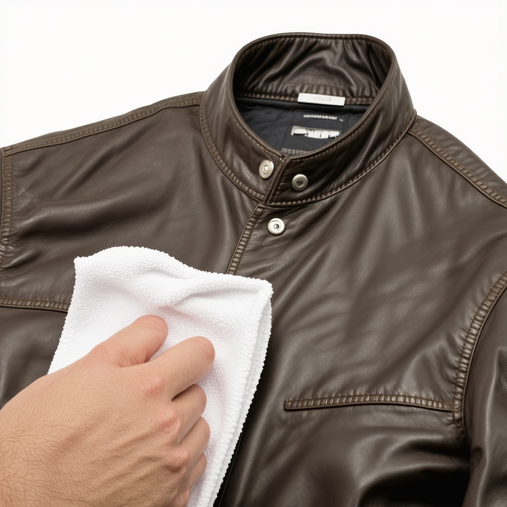 Close-up of leather jacket being conditioned with microfiber cloth showing texture and shine