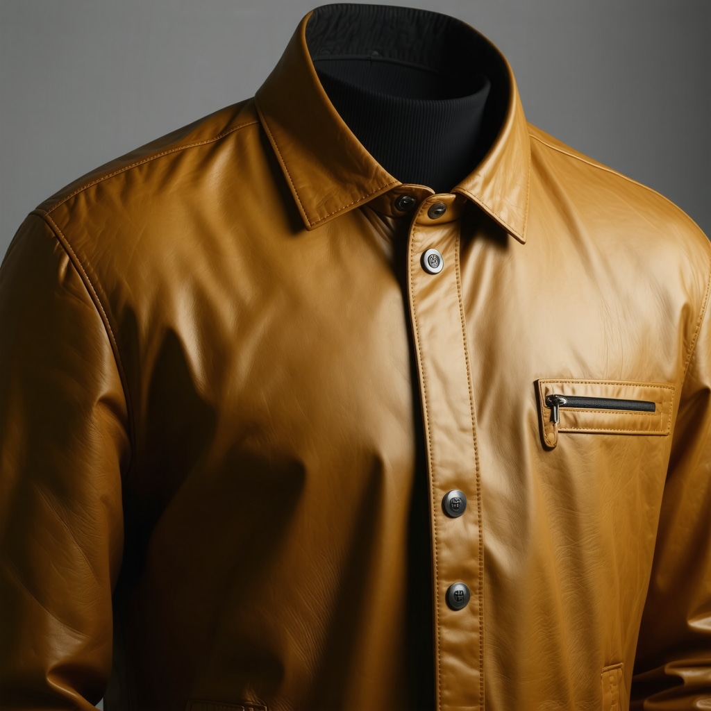 Close-up of leather jacket with nanotechnology particles and smart sensors monitoring environmental conditions