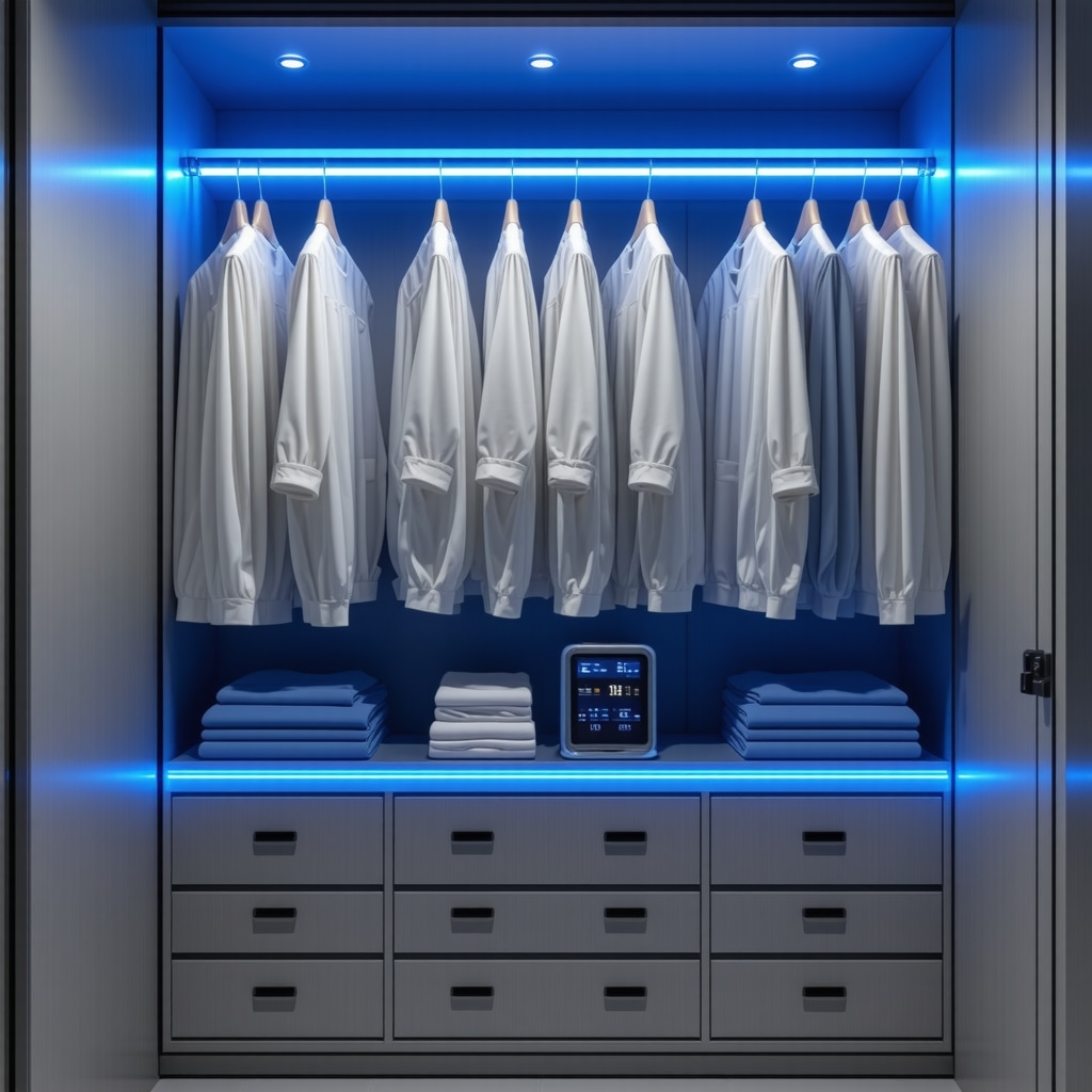Silk garment stored in microclimate-controlled unit with digital humidity and temperature sensors
