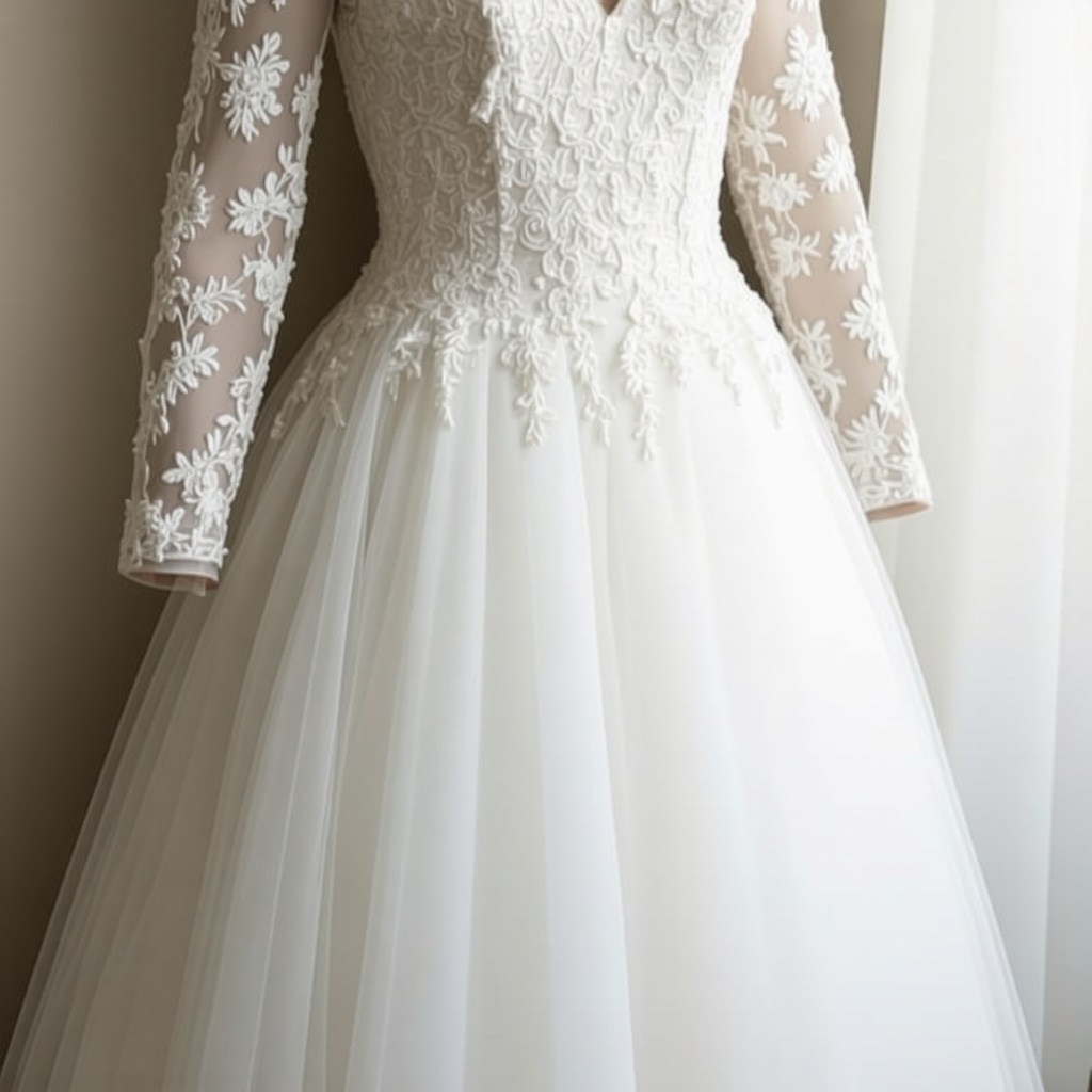 Vintage wedding dress preserved in climate-controlled storage with acid-free materials.