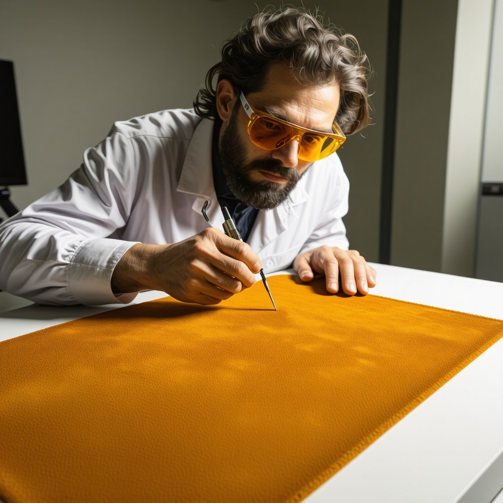Technician using laser cleaning and moisture meters on suede fabric in a high-tech lab