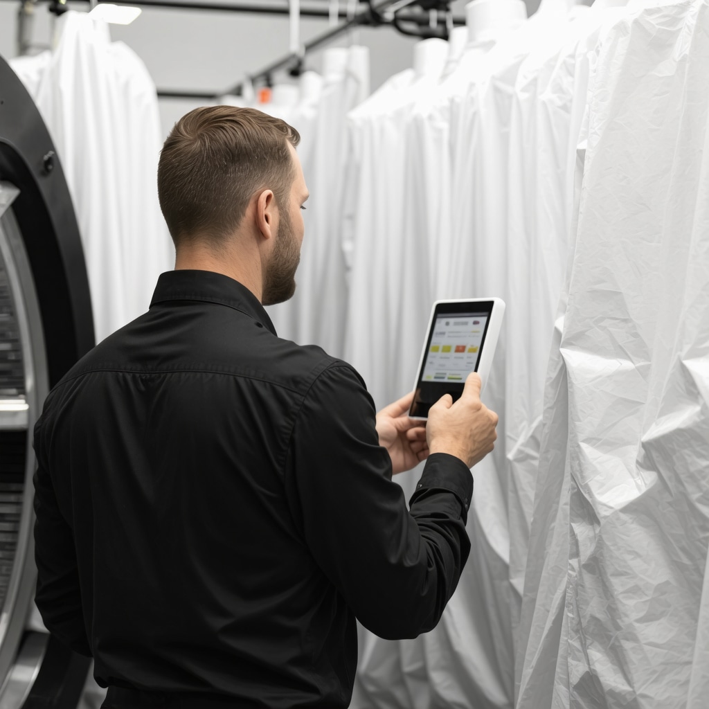 Dry cleaning technician operating high-tech solvent machine with diverse uniform fabrics in Tampa