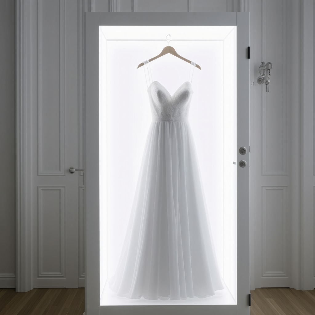 Wedding dress inside an advanced preservation box equipped with humidity and oxygen sensors and nanotechnology fabric protection