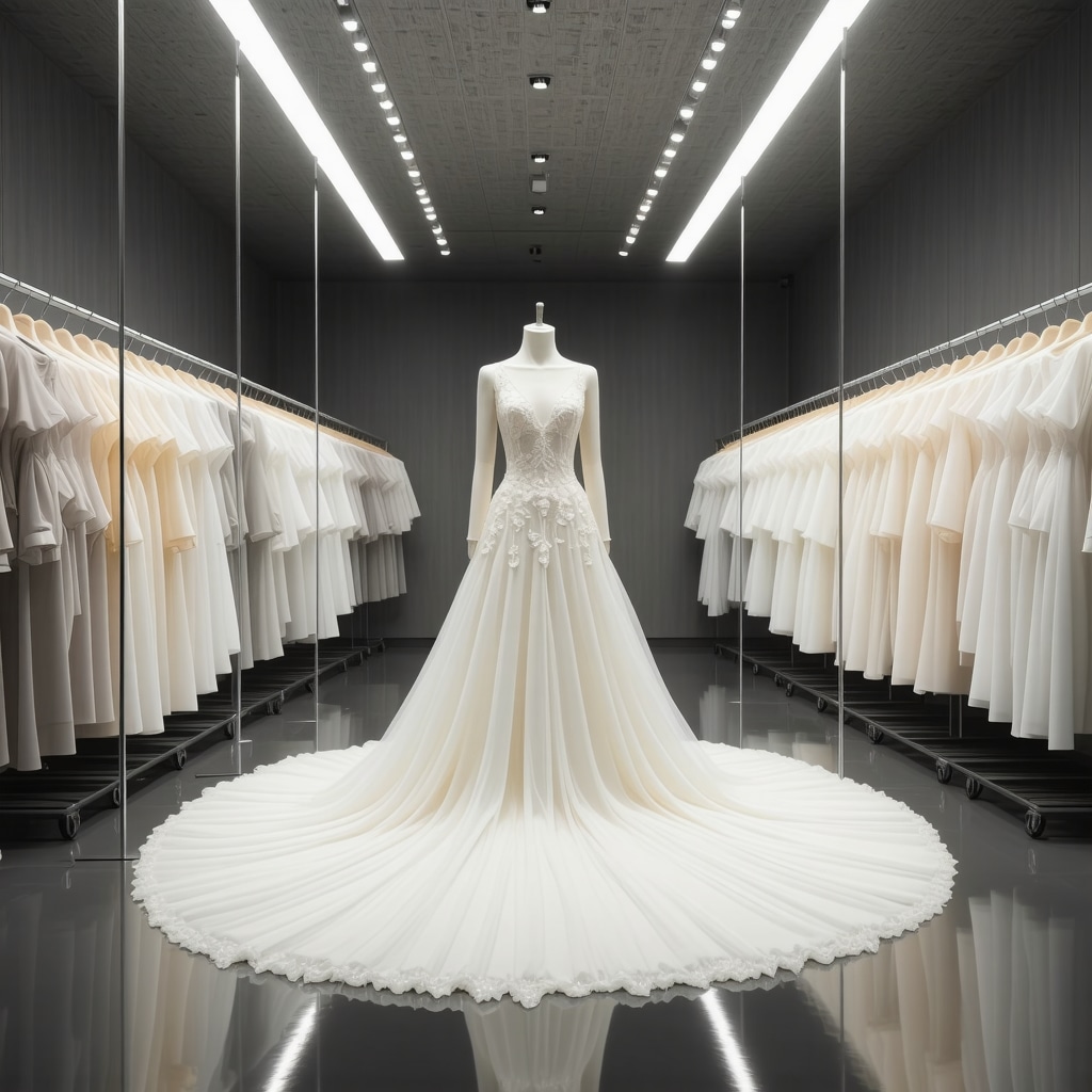 High-tech lab with environmental sensors and nanotech treatments for wedding dress preservation