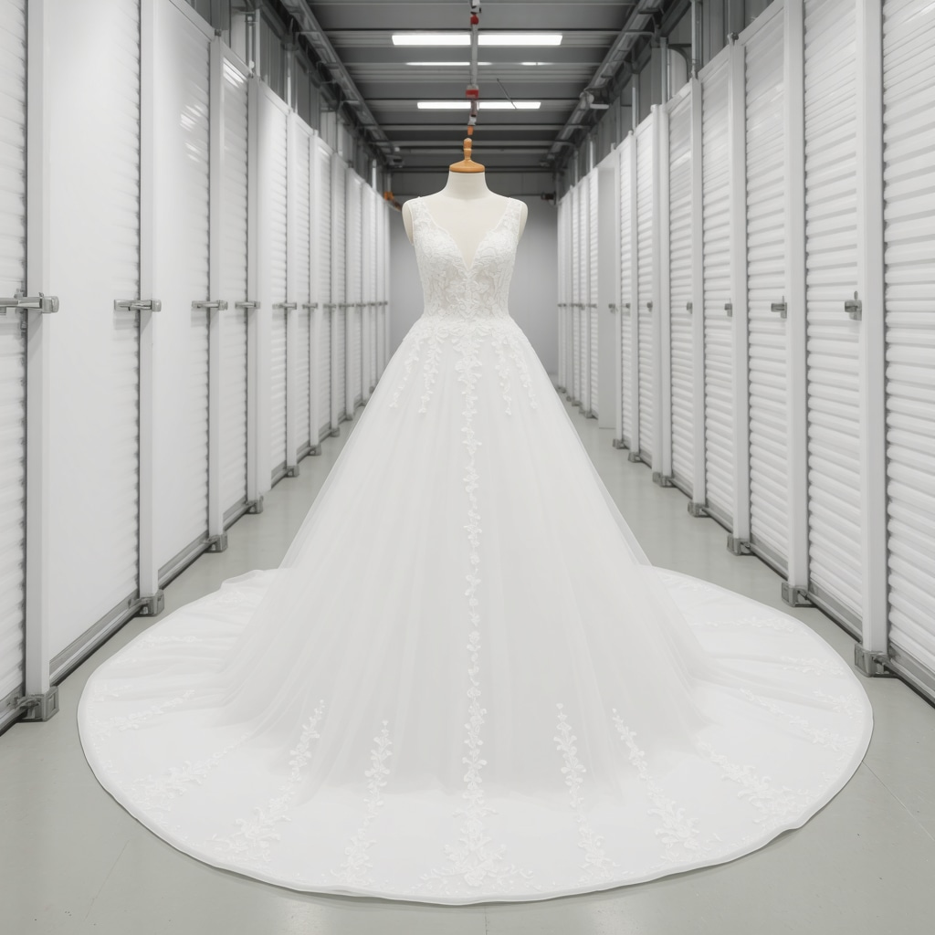 Wedding gown stored in climate-controlled case with preservation technology