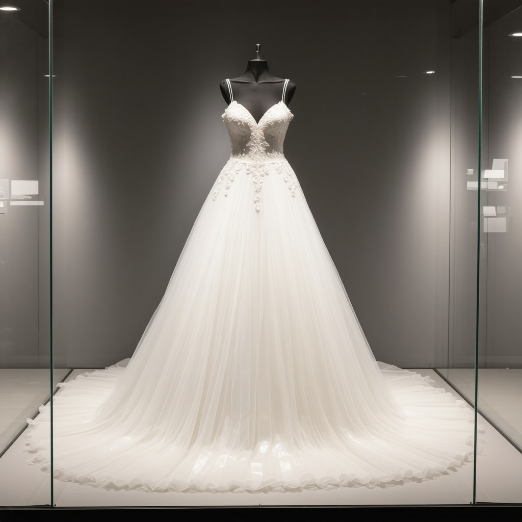 Wedding gown in display case demonstrating professional preservation