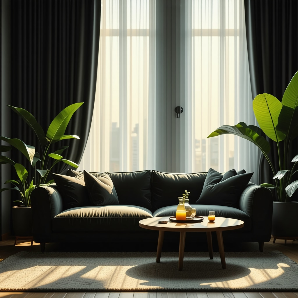 Modern living room with bright, clean curtains and natural sunlight
