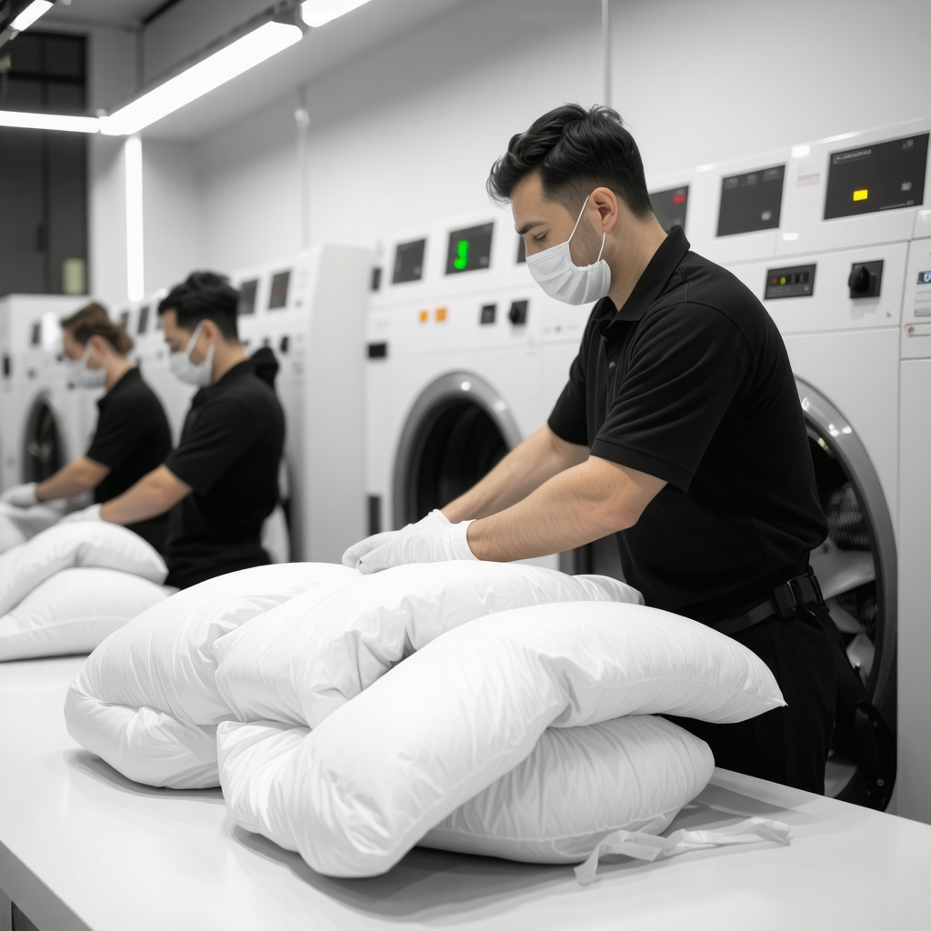 Technicians using eco-friendly methods to clean comforters at a Tampa dry cleaning service.