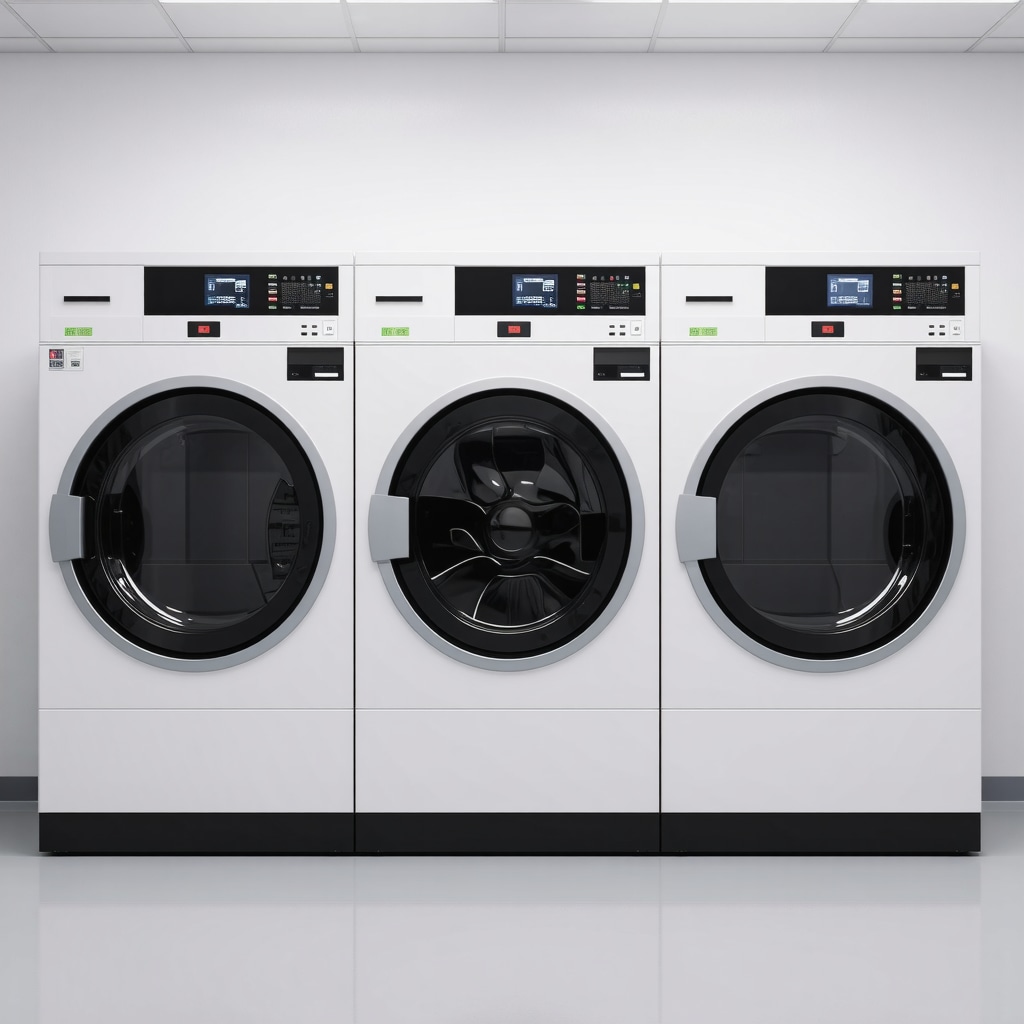 Modern dry cleaning plant with eco-friendly symbols and green certification labels.