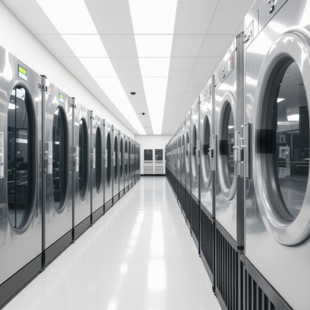 Interior of Tampa eco-conscious dry cleaning shop with modern equipment and recycling bins