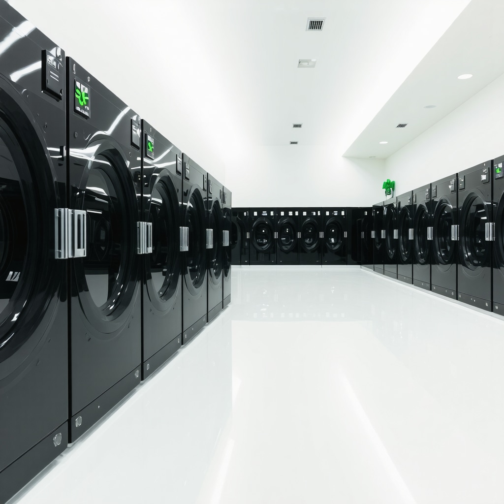 Modern dry cleaning facility using liquid carbon dioxide technology with green branding in Tampa