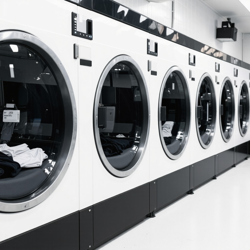 A contemporary dry cleaning facility in Trinity with eco-friendly machines actively cleaning garments.