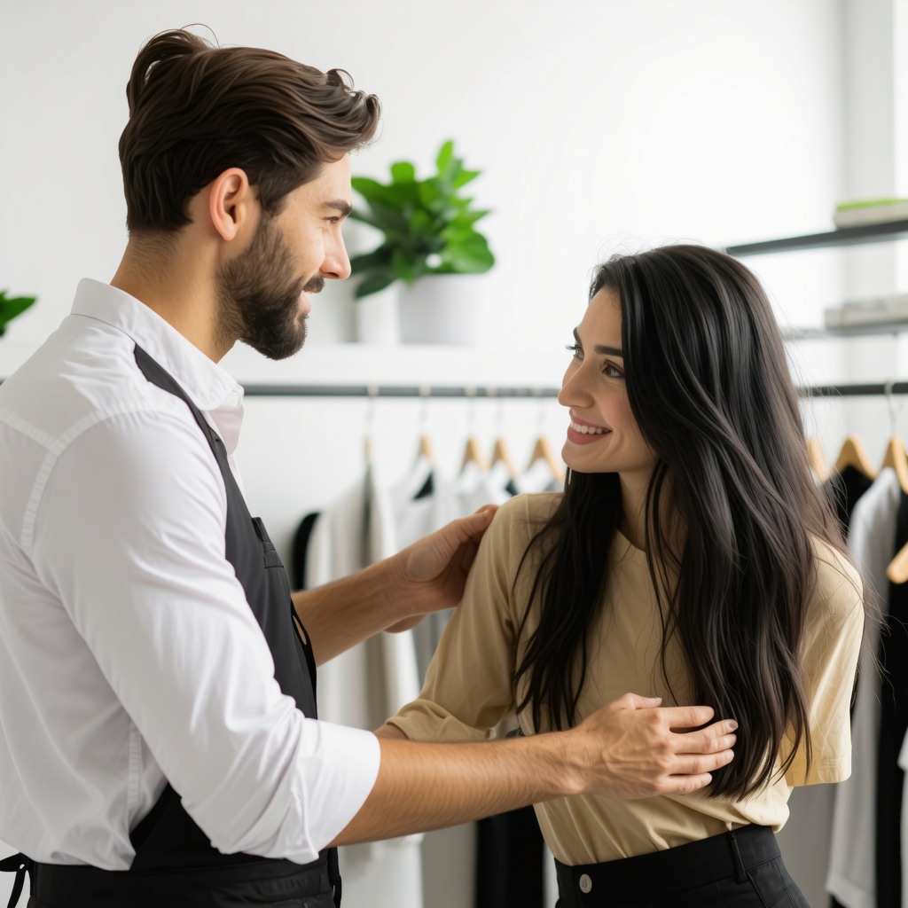 Dry cleaner explaining eco-friendly methods to a customer