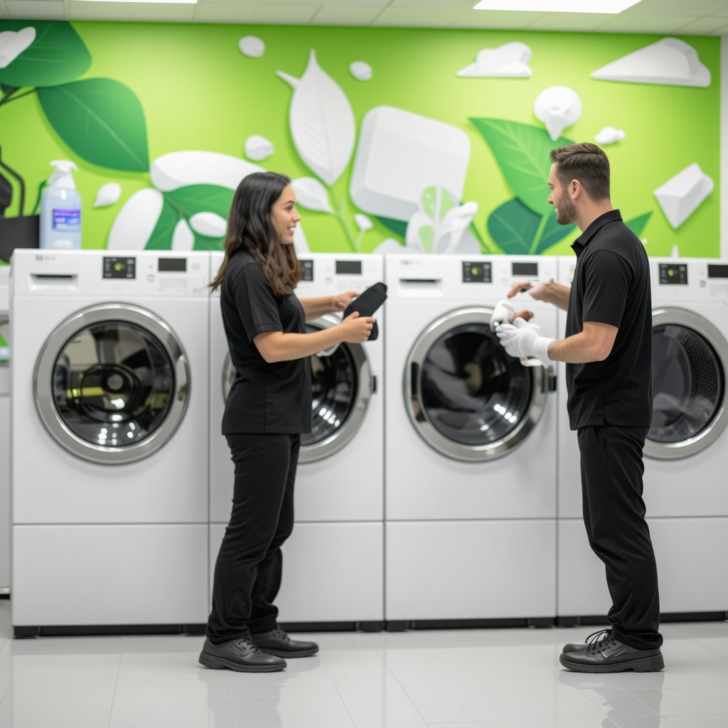 Tampa dry cleaning shop with green technology and eco-certifications displayed
