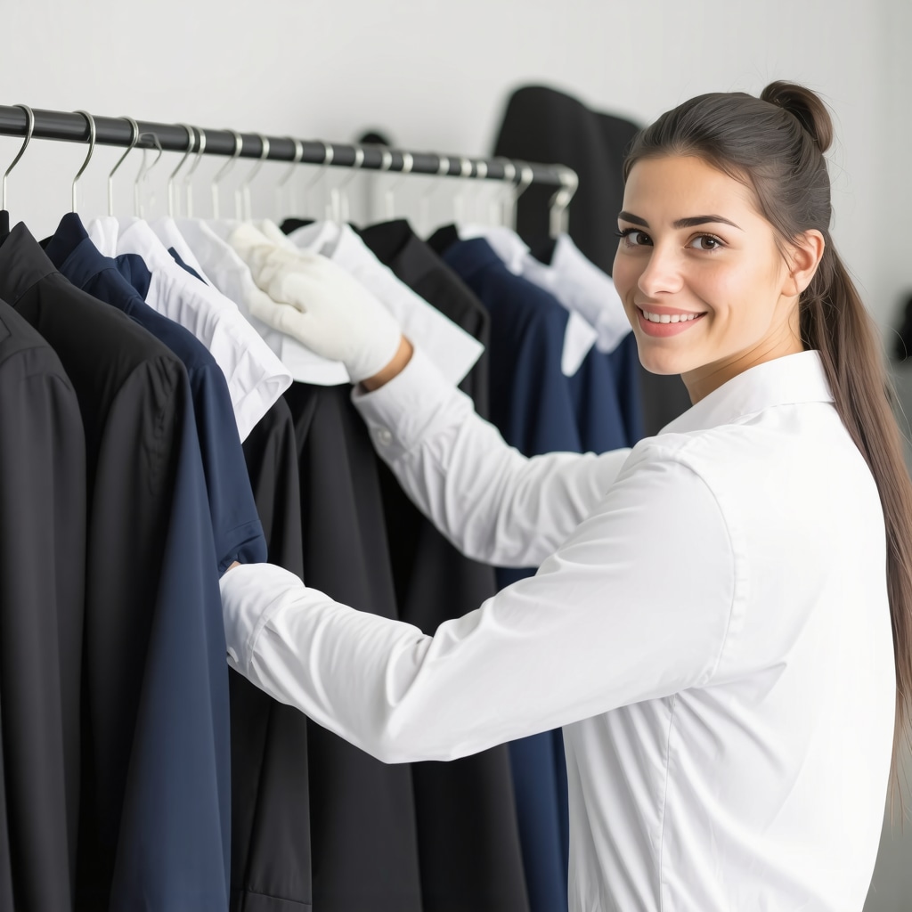 Technician in Tampa using eco-friendly dry cleaning equipment on uniforms.