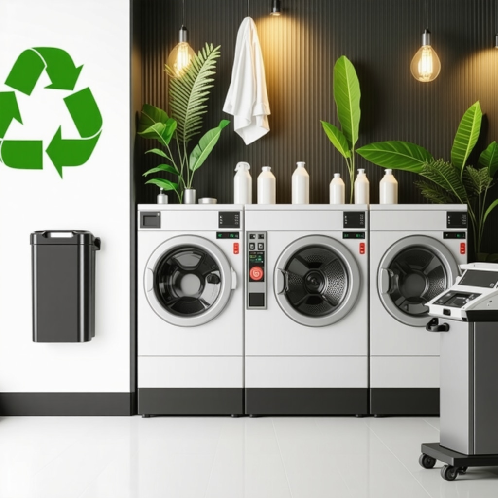 Eco-friendly dry cleaning facility with green certifications and eco-conscious cleaning equipment.