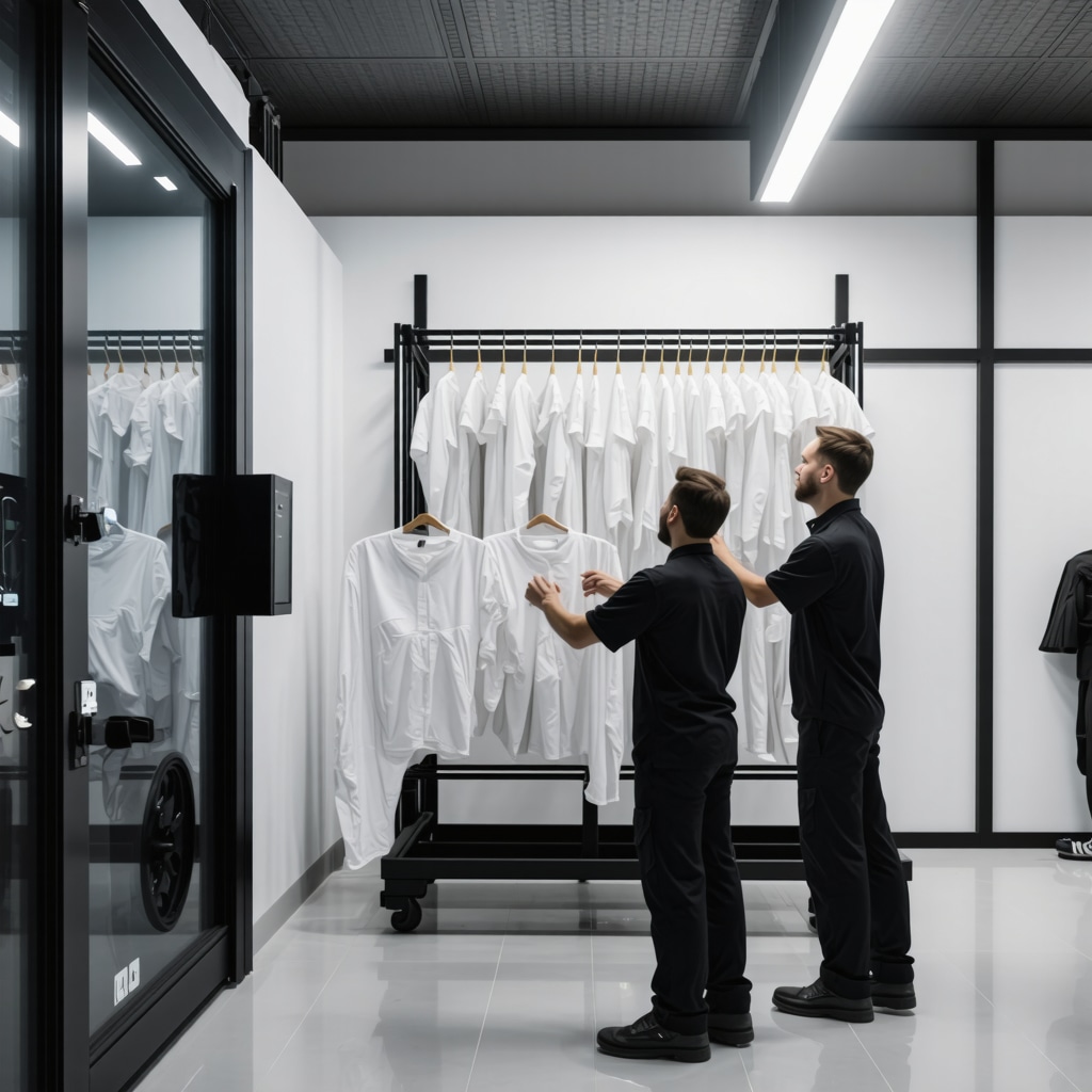 Interior of an eco-friendly dry cleaning plant in South Tampa with advanced AI logistics and solvent technology