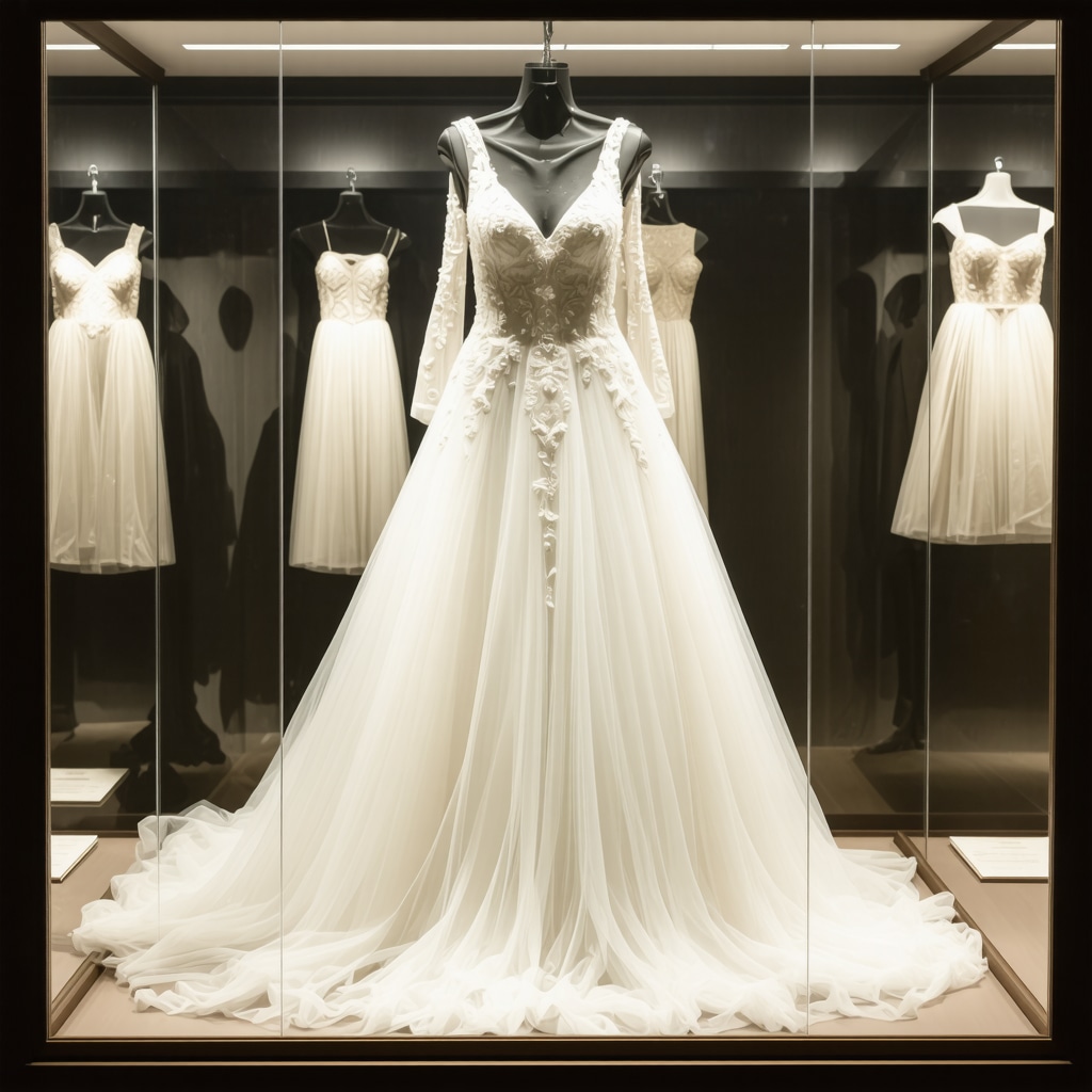 Wedding gown preserved in a climate-controlled case, highlighting professional preservation techniques.