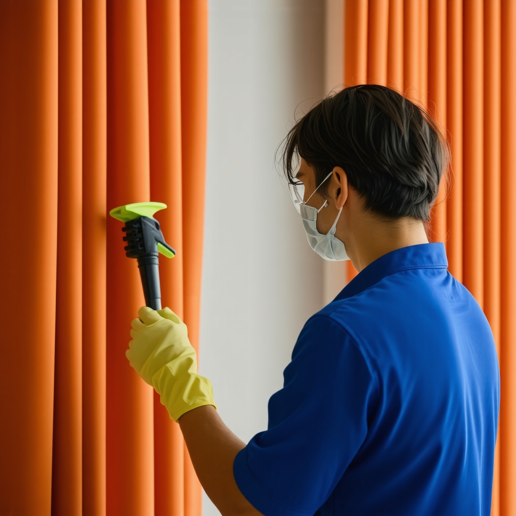 Technician cleaning vibrant curtains with eco-friendly equipment