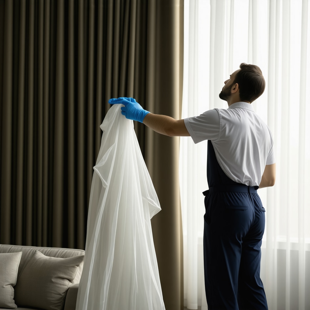 A technician expertly cleaning delicate curtains in a well-lit home