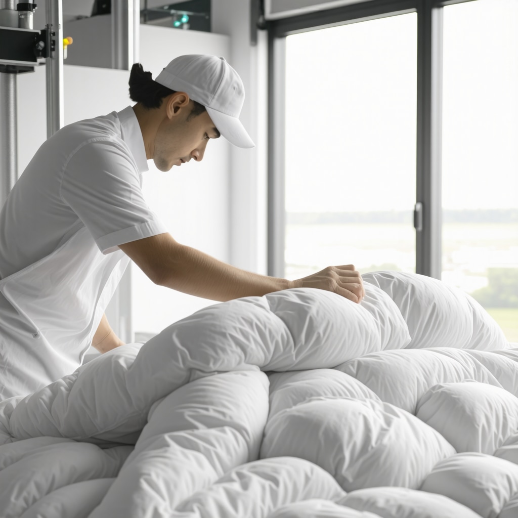 Professional dry cleaner using advanced solvent technology on a down comforter in a modern facility