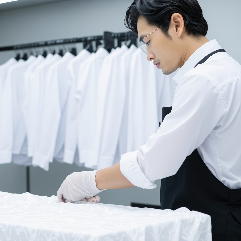 Dry cleaning technician using specialized equipment for delicate fabric care.