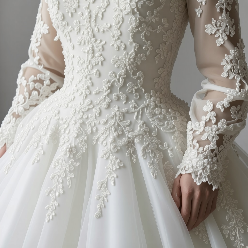 Close-up of a wedding gown with detailed beadwork being carefully preserved in a specialized box