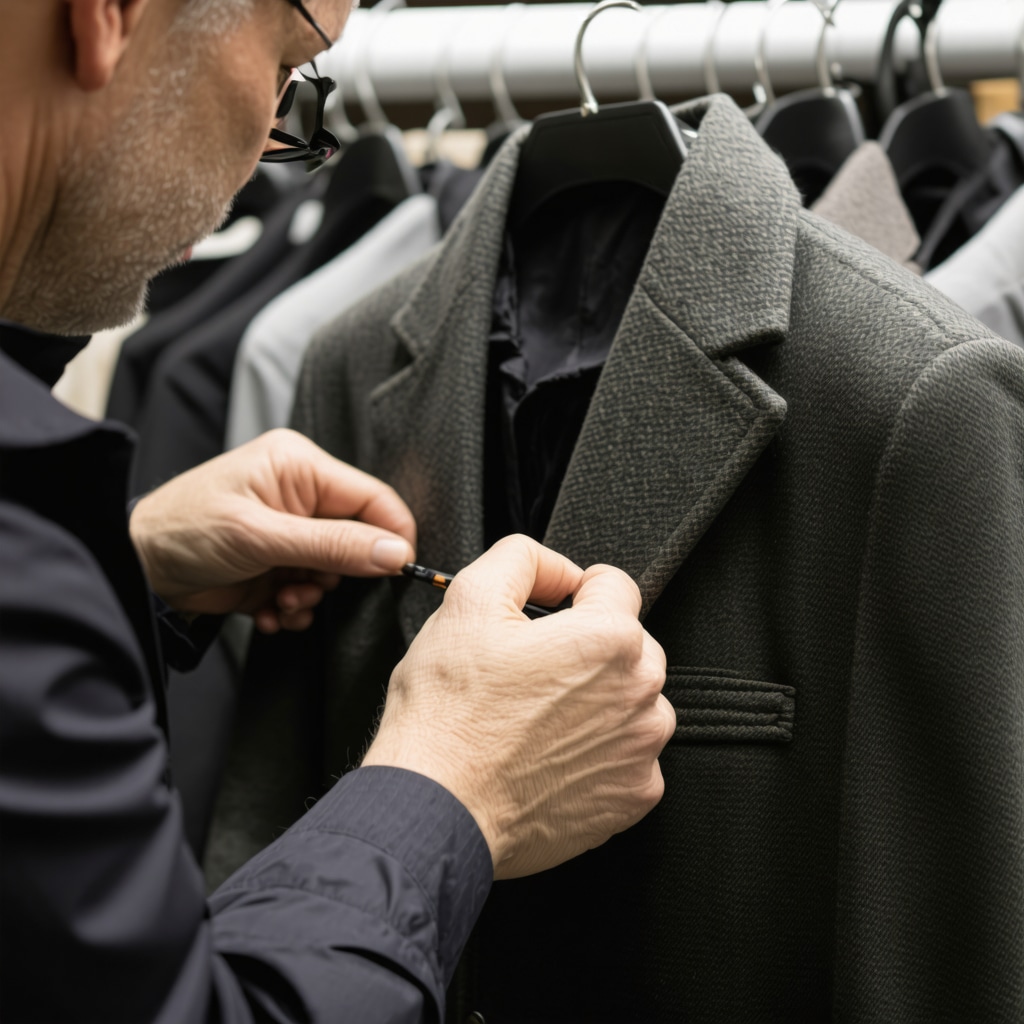 Dry cleaner carefully examining a wool coat for cleaning quality.