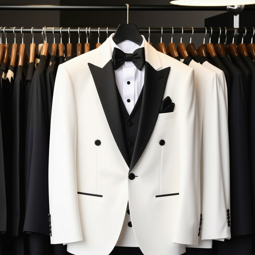 Tuxedo hanging in a dry cleaner's shop, clean and well-maintained