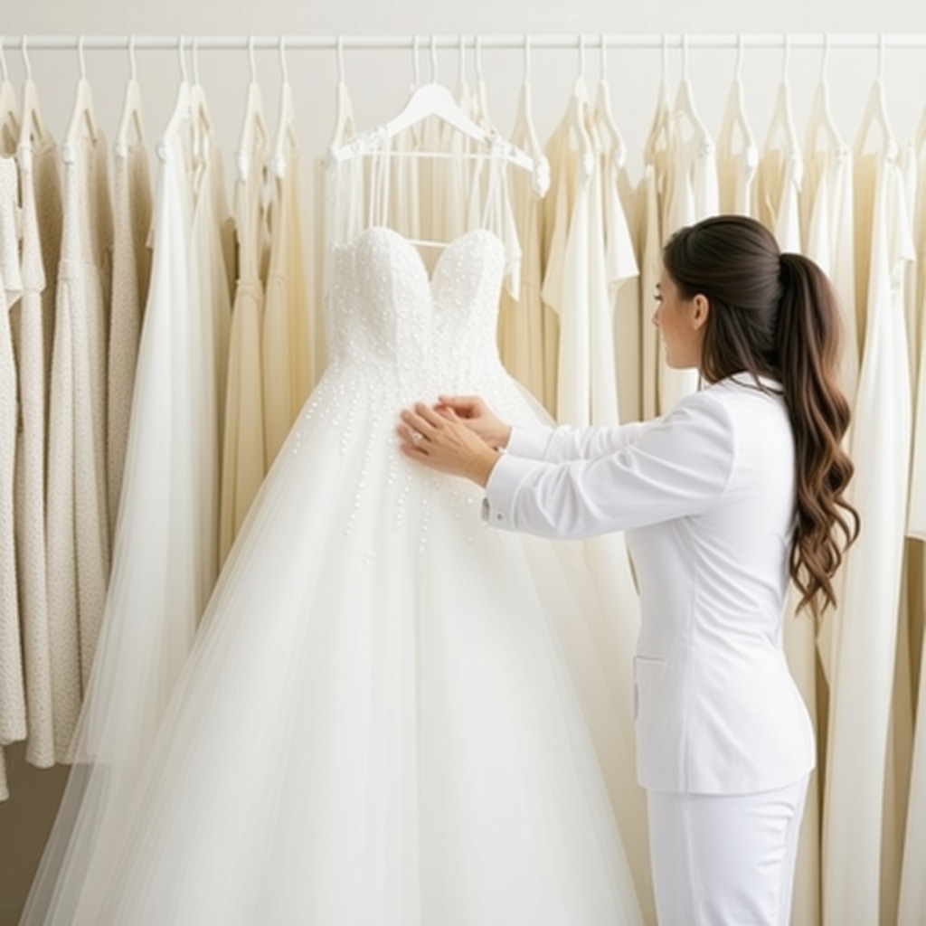 Professional dry cleaner preserving vintage wedding dress with advanced techniques