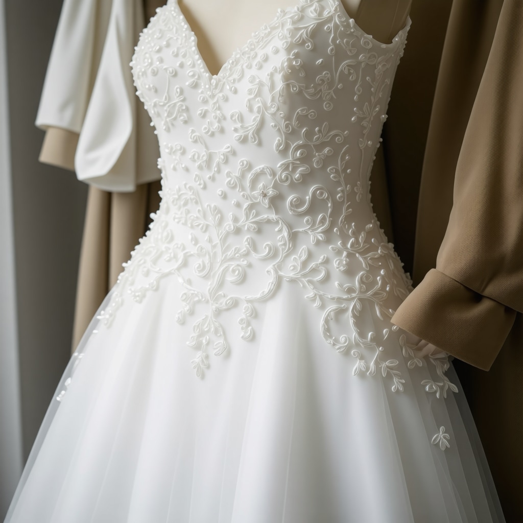 A professional preserving a vintage wedding gown using archival techniques and gentle cleaning methods.